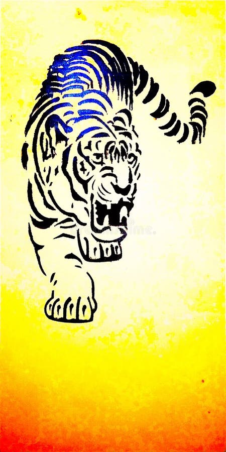 Painted Tiger portrait on wall. Wallpaper illustration graphic design fo room decor.in black with yellow orange background vector illustration Painted Tiger portrait on wall. Wallpaper illustration graphic design fo room decor.in black with yellow orange background vector illustration