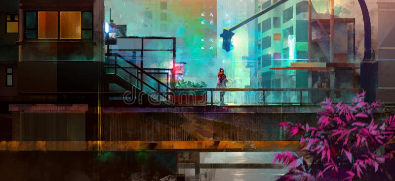Painted urban future city with a man. Art urban future city with a man vector illustration Painted urban future city with a man. Art urban future city with a man vector illustration