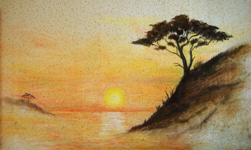 Painting on wall.Painting sunset, sea and tree, wallpaper on wall vector illustration