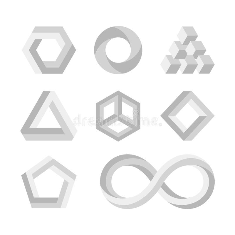 Paradox impossible shapes, 3d twisted objects, vector math symbols vector illustration