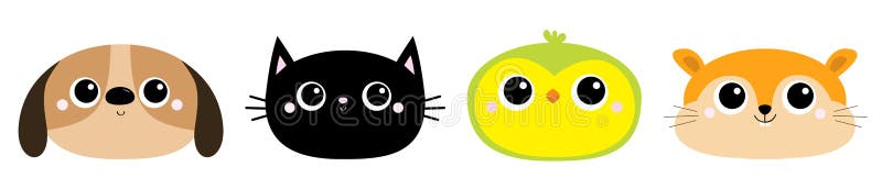 Parrot Dog Black Cat Hamster bird head face round icon set. Kitty kitten. Funny Kawaii animal. Big eyes. Kids print. Cute cartoon. Baby character. Pet royalty free illustration