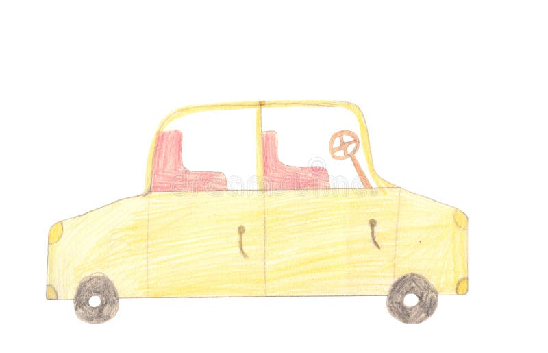 Passenger car on white background. Color children drawing. Passenger car on a white background. Children drawing color crayons stock illustration