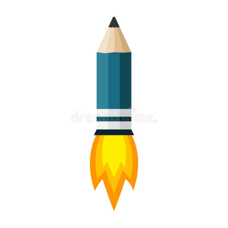 Rocket pencil with fire. Vector illustration. Pencil as flying rocket with fire, on white background. Vector illustration. Concept of creative design royalty free illustration