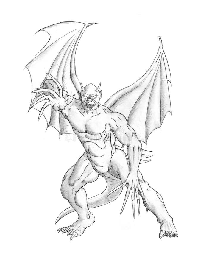 Pencil Concept Art Drawing of Fantasy Winged Demon or Devil Monster stock illustration
