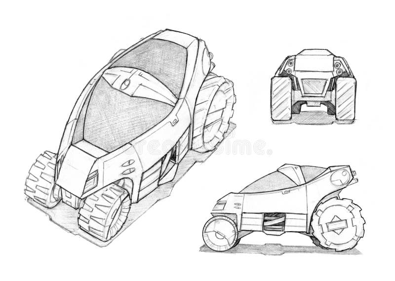 Pencil Concept Art Drawing of Small Futuristic Off-Road Car Design. Black and white pencil concept art drawing of small futuristic or sci-fi automotive off-road stock illustration