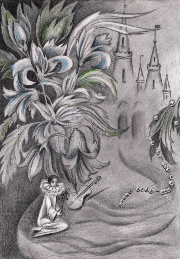 Pencil drawing with pierrot flowers and castle. In the background royalty free illustration