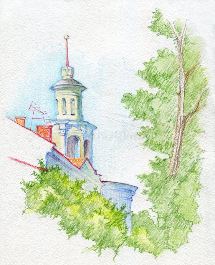 Pencil sketch of Ancient city landscape. Drawing with colored crayons. Hatching. Sevastopol, Crimea stock illustration