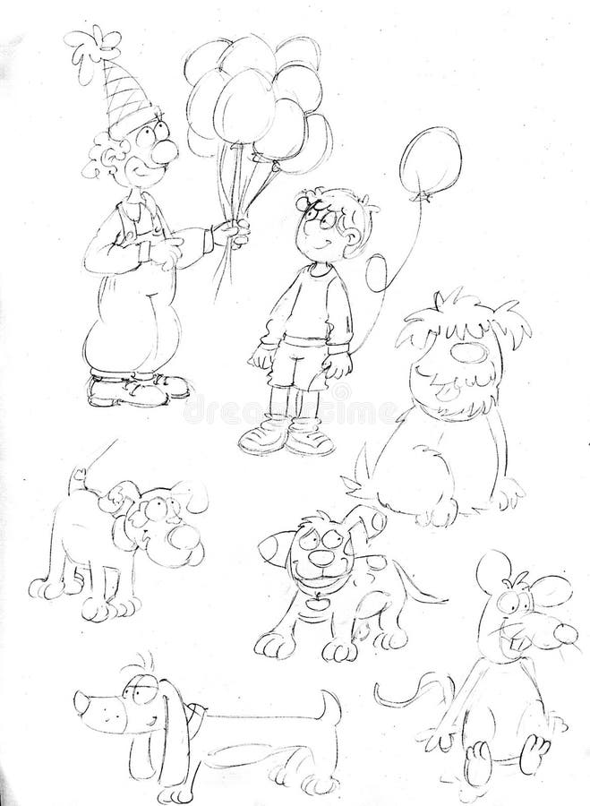 Pencil sketches clown with balloons dogs and rat. Pencil sketchesclown with balloons dogs and rat stock illustration