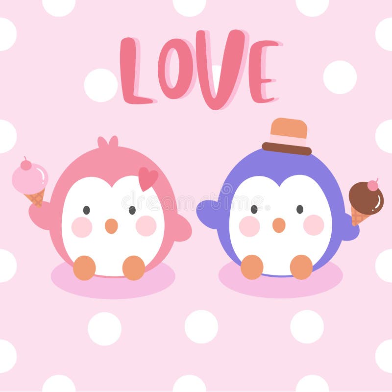 Penguins couple vector love valentine day card anniversary icecream summer holiday vector. Kawaii style with dot background. Perfect for kid`s greeting card royalty free illustration Penguins couple vector love valentine day card anniversary icecream summer holiday vector. Kawaii style with dot background. Perfect for kid`s greeting card royalty free illustration
