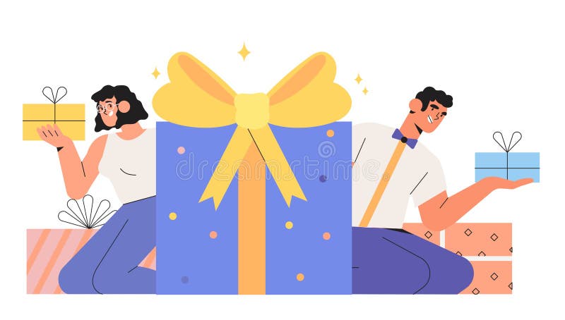 People holding gift box and celebrating birthday or anniversary. You won prize, winner or prize drawing. Group of happy smiling business people holding gift box vector illustration People holding gift box and celebrating birthday or anniversary. You won prize, winner or prize drawing. Group of happy smiling business people holding gift box vector illustration