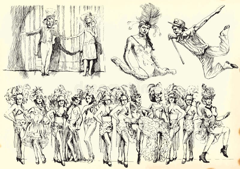 People in the theater. Remembrance retro series of hand drawings./ Vector picture description: Collection of drawings (each on a separate layer) on vintage royalty free illustration