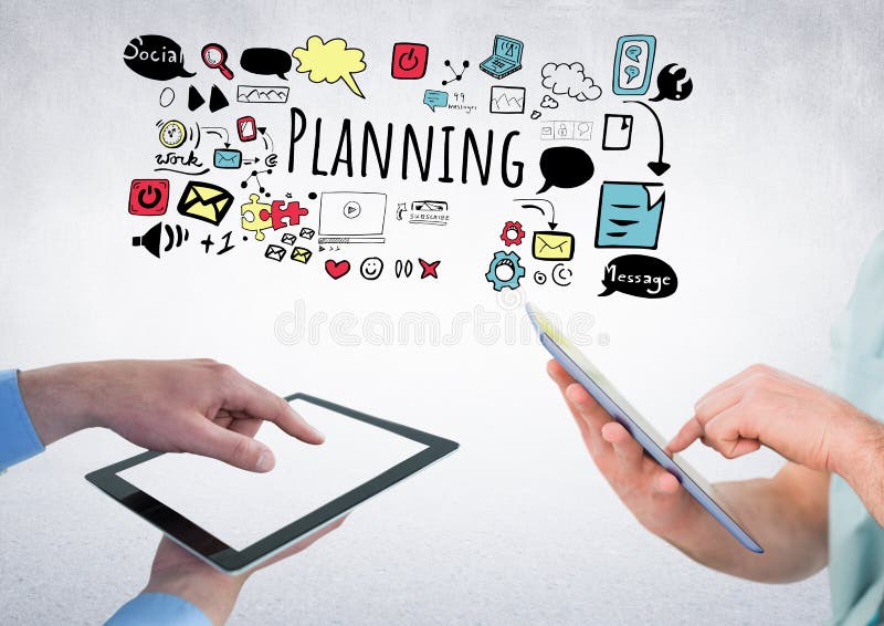 People withn tablets and Planning text with drawings graphics stock photography