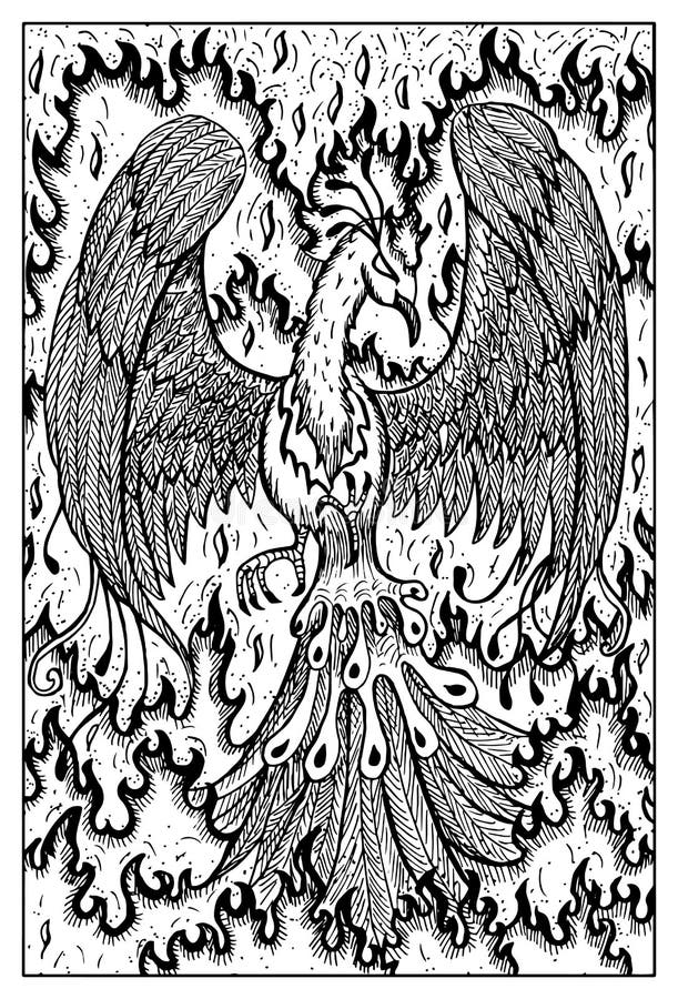 Phoenix in fire. Engraved fantasy illustration. Phoenix in flame. Bird in fire. Fantasy magic creatures collection. Hand drawn vector illustration. Engraved line stock illustration