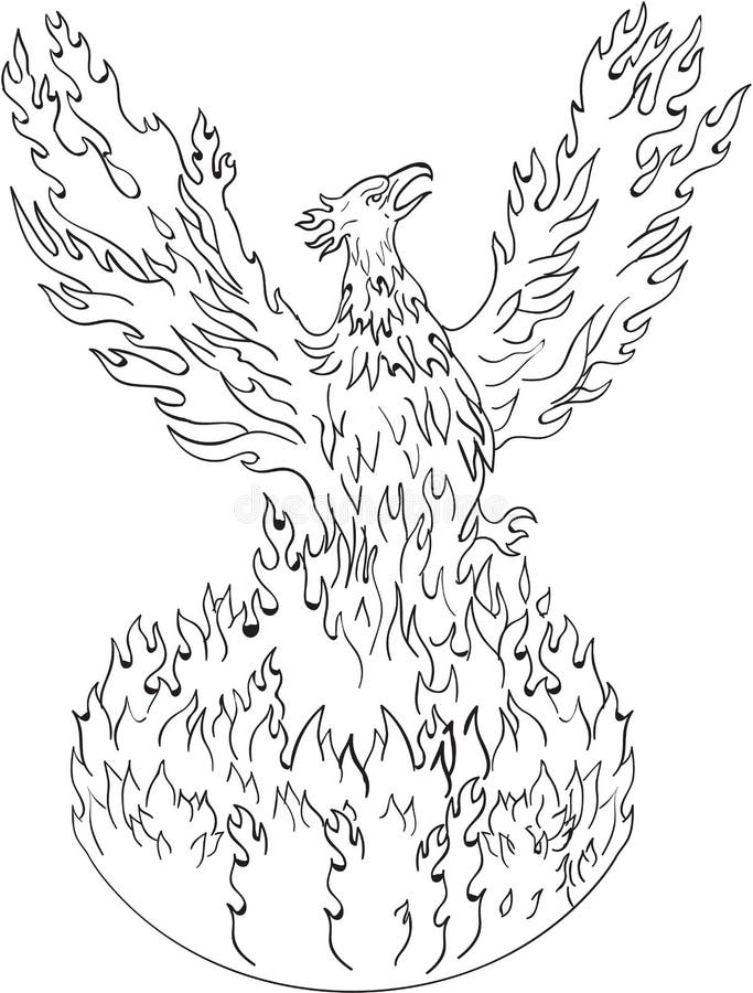 Phoenix Rising Fiery Flames Black and White Drawing. Drawing sketch style illustration of a phoenix rising up from fiery flames, wings raised for flight done in royalty free illustration