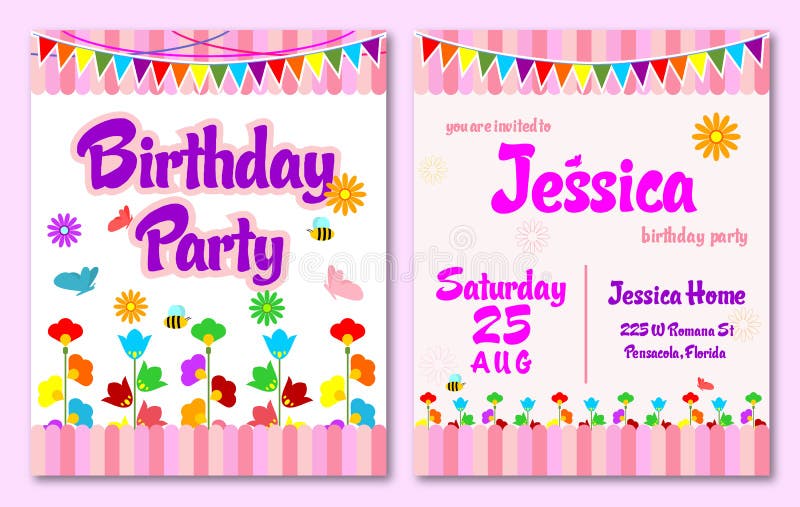 Pink theme flower garden birthday kids invitation card. Template royalty free illustration