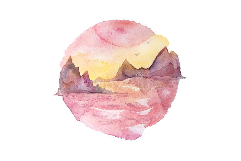 Pink, violet and yellow sunset over the sea with rocks. Watercolor painting isolated on white vector illustration