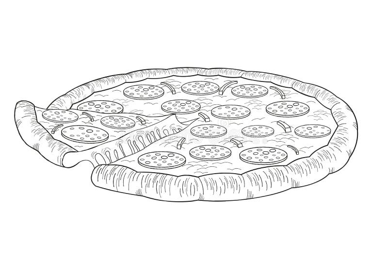 Pizza pepperoni, onion - black and white illustration/ drawing vector illustration