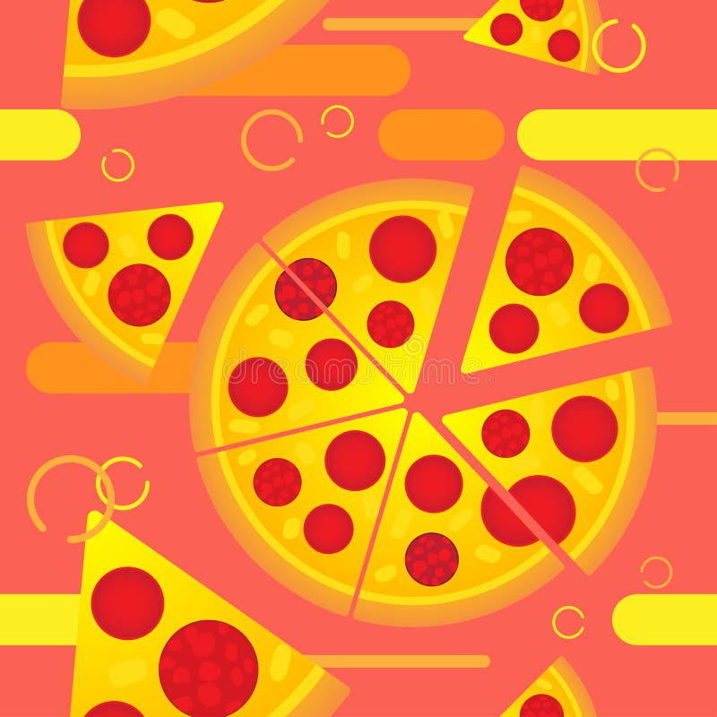 Pizza seamless background vector illustration.Drawing simple slice of pizza on orange pink color and geometric element background. vector illustration