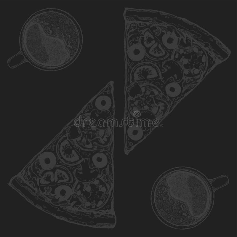Pizza slice drawing. Hand drawn pizza illustration. Great for menu, poster or label. Pizza slice drawing. Hand drawn pizza illustration. Great for menu, poster stock illustration