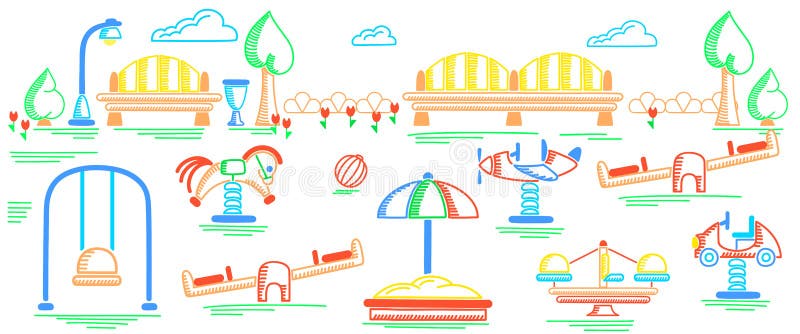 Playground banner. Childrens hatching drawing style vector illustration