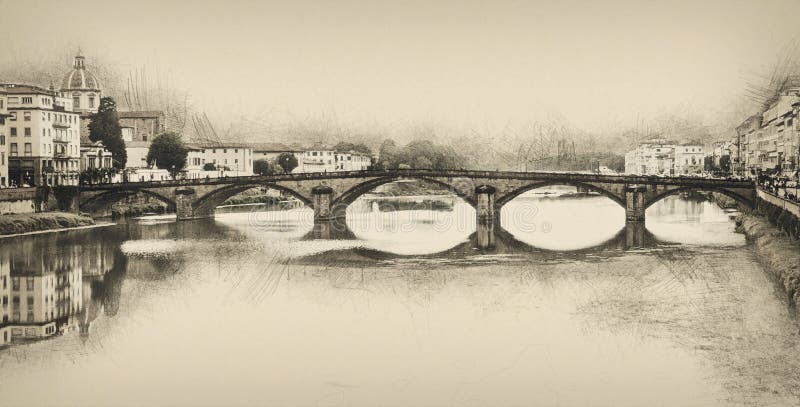 Ponte Santa Trinita, Florence, Italy, pencil drawing stock photos