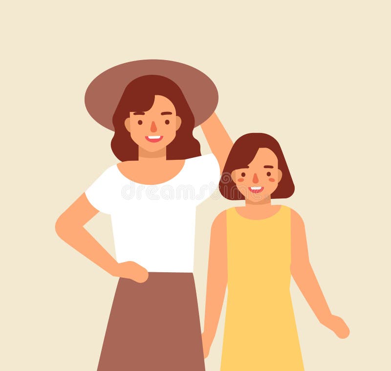 Portrait of smiling mother in hat and her daughter. Joyful adorable mom and child. Happy family. Cute funny cartoon stock illustration
