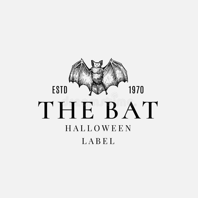 Premium Quality Halloween Logo or Label Template. Hand Drawn Evil Bat Sketch Symbol and Retro Typography. Isolated stock illustration