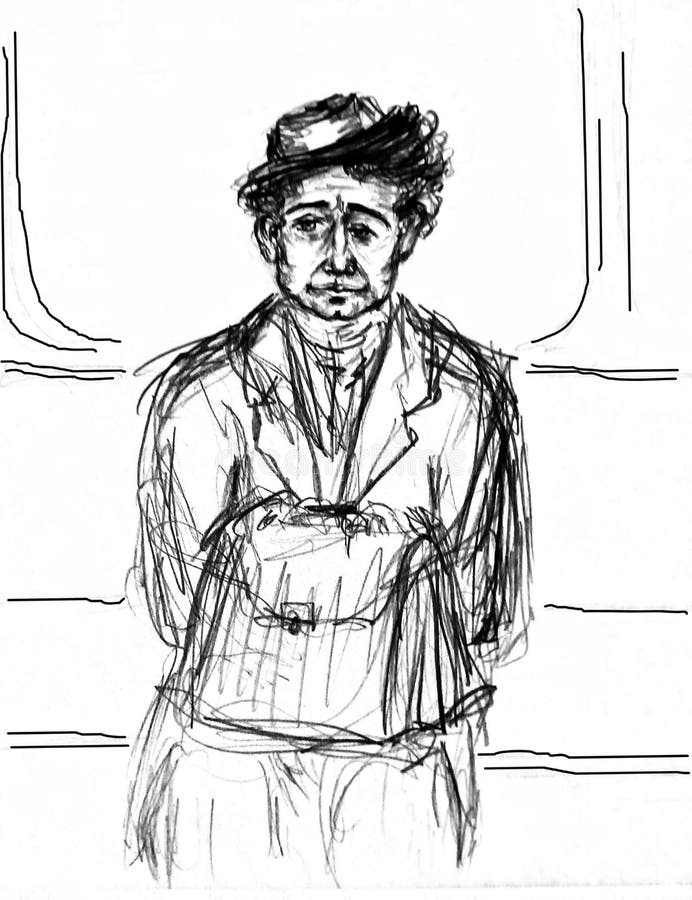 A quick pencil sketch of a seated man with a briefcase in a subway car. Simple rough drawing. A quick pencil sketch of a seated man with a briefcase in a subway vector illustration