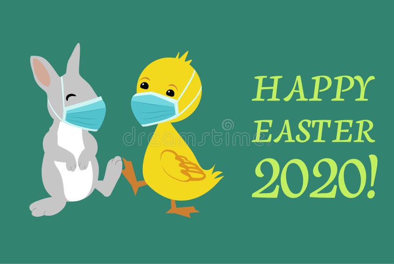Easter Bunny and Duck wearing face masks and giving foot shake stock illustration