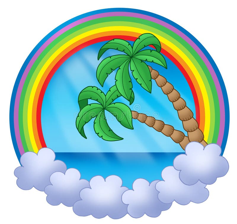 Rainbow circle with palm trees stock illustration
