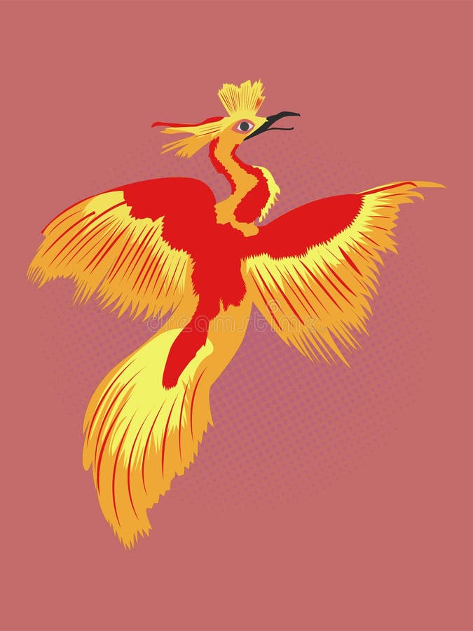Reborn Phoenix pop art drawing. Fire bird drawing. With black dotted red background. Cartoon illustration of legendary Phoenix stock illustration