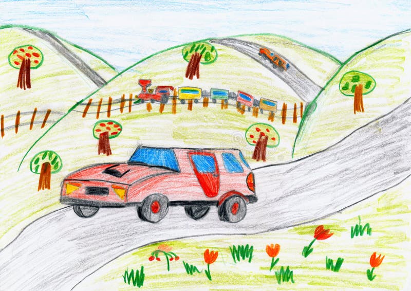 Red car on countryside and steam train, child drawing pencil on paper royalty free illustration
