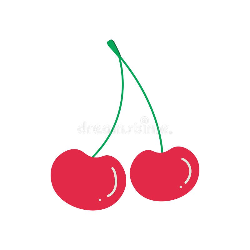 Red cherry icon, cartoon drawing of two shiny cherries, fruit, vector, illustration.  vector illustration