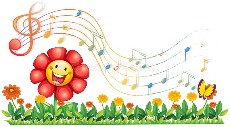 A red flower in the garden with musical notes. Illustration of a red flower in the garden with musical notes on a white background vector illustration