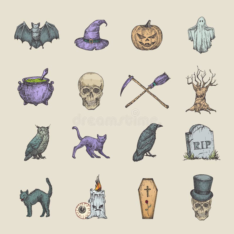 Retro Style Halloween Illustrations Collection. Hand Drawn Raven, Scull, Cat, Bat, Witch Hat and Tombstone Sketch. Symbols or Icons Set. Autumn Season Holiday stock illustration