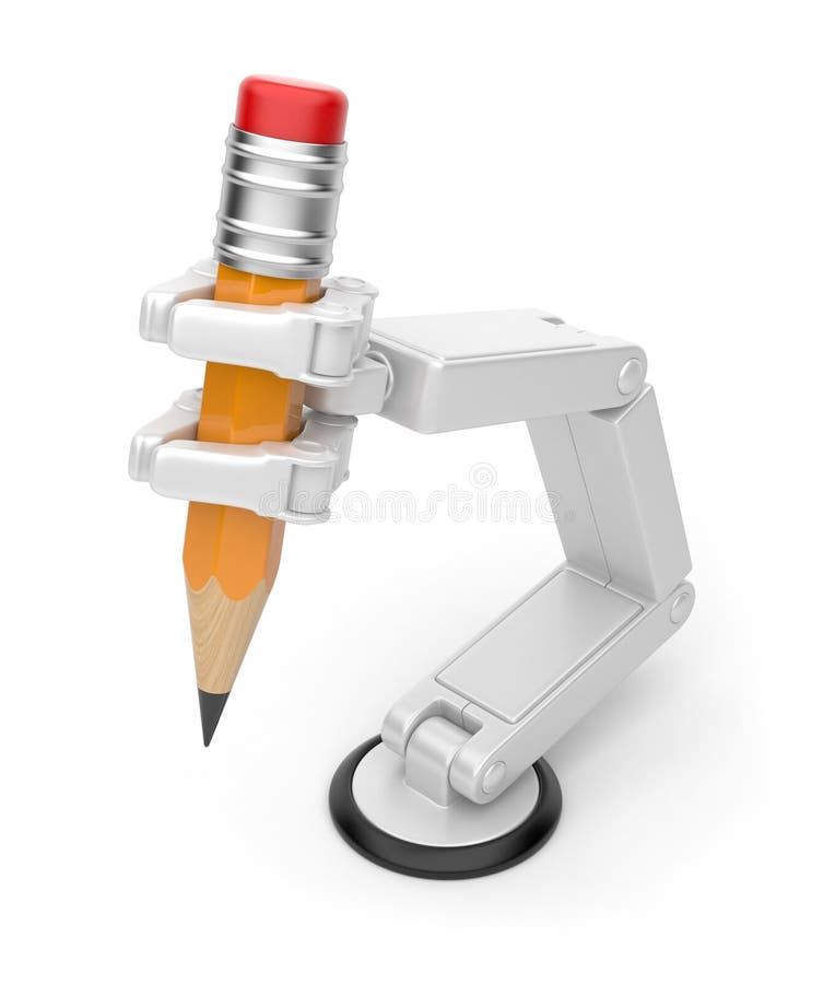 Robotic hand holding pencil 3d. AI. Robotic hand holding pencil 3d. Artificial intelligence. on white background vector illustration Robotic hand holding pencil 3d. AI. Robotic hand holding pencil 3d. Artificial intelligence. on white background vector illustration