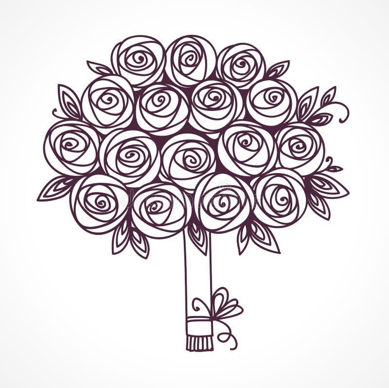 Rose flowers gift. Luxurious anniversary bouquet of roses. Outline drawing, black and white vector illustration. royalty free illustration Rose flowers gift. Luxurious anniversary bouquet of roses. Outline drawing, black and white vector illustration. royalty free illustration