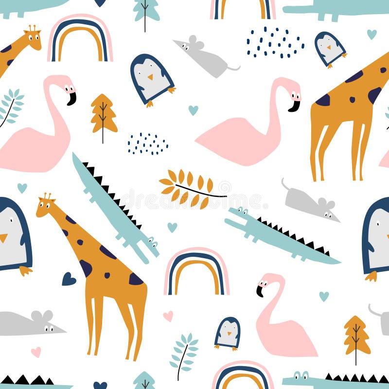 Safari seamless pattern with flamingo, crocodile, giraffe, rat, and penguin. Cute drawing with pastel colors for kids fashion and. Baby textile print royalty free illustration