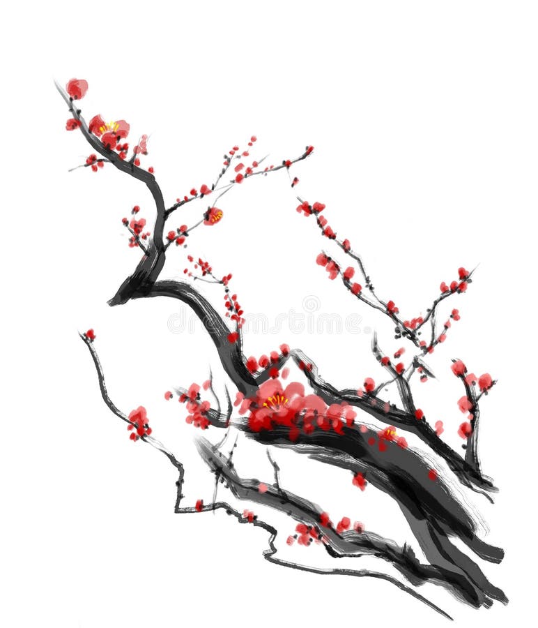 Sakura, cherry blossom plum chinese brush painting. Red cherry blossom chinese brush painting stock illustration
