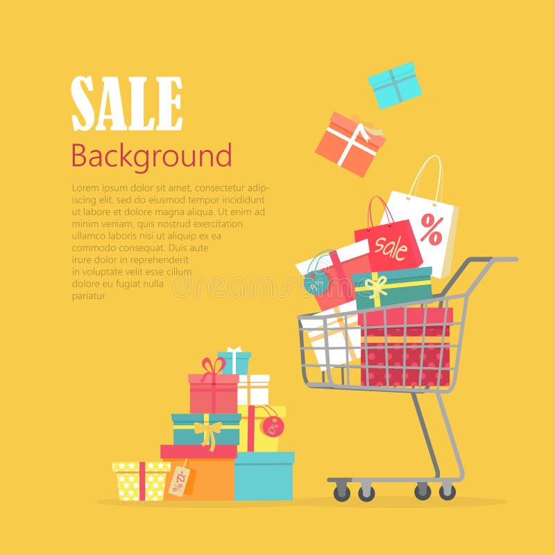 Sale Background. Cart with Gift Boxes, Paper Bags. Presents. Winter, summer, autumn, spring sale concept. Trolley full of things bought on discount. Hand cart stock illustration