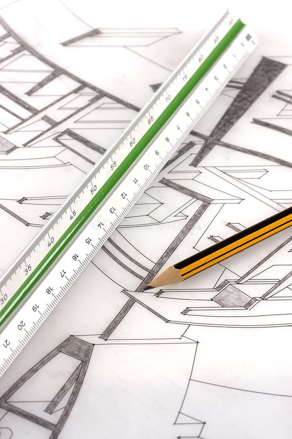 A scale ruler and pencil on a technical drawing royalty free stock photos