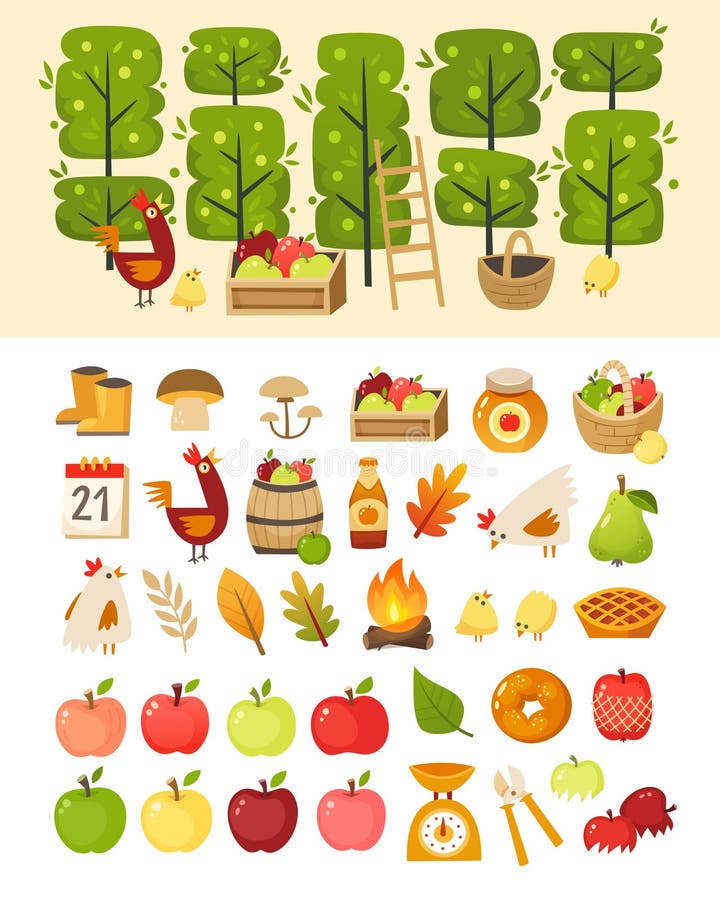 A scene with apple garden trees and elements in front of it. Plus icons of various apple theme items, foods and containers. Isolated vector illustrations vector illustration