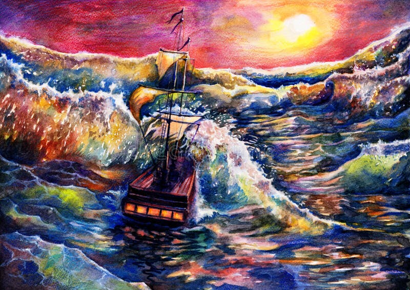 Sea landscape painting with ship, watercolor background drawing, sunset in ocean illustration, its art hand drawn by watercolor royalty free illustration