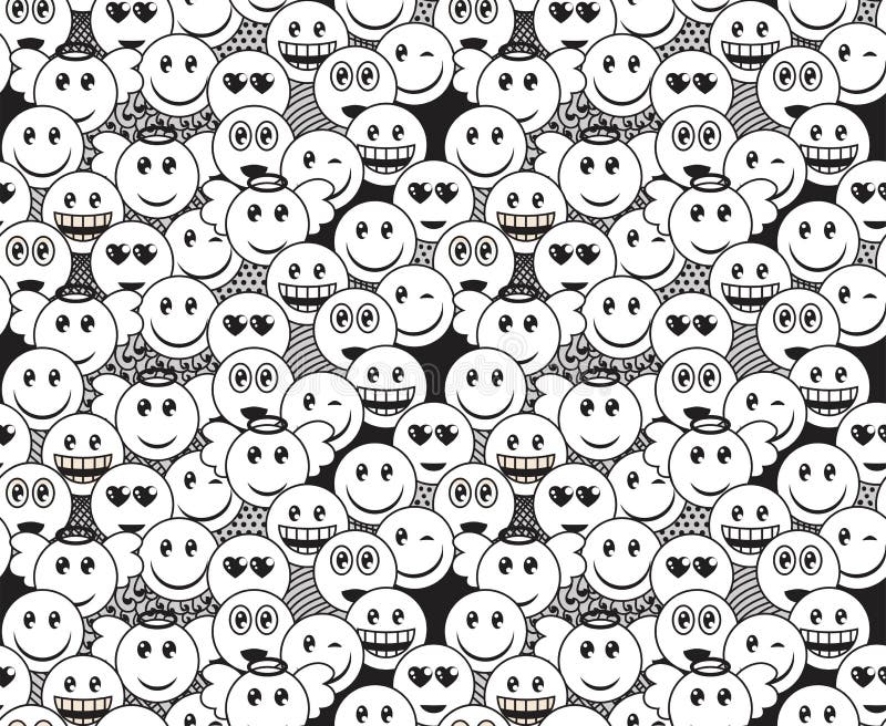 Seamless black and white doodle pattern with fun positive emoticon expressions. Smile, wink, angel, surprised, in love, laugh smileys included royalty free illustration