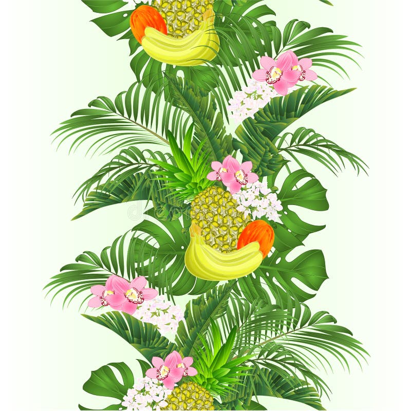Seamless border pineapple and banana tropical fruit and orchids Cymbidium with tropical leaves of banana ficus,palm,philodendron royalty free illustration