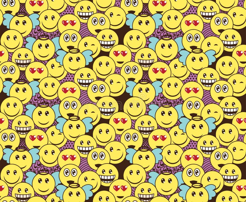 Seamless doodle pattern with fun positive emoticon expressions. Smile, wink, angel, surprised, in love, laugh smileys included.  royalty free illustration