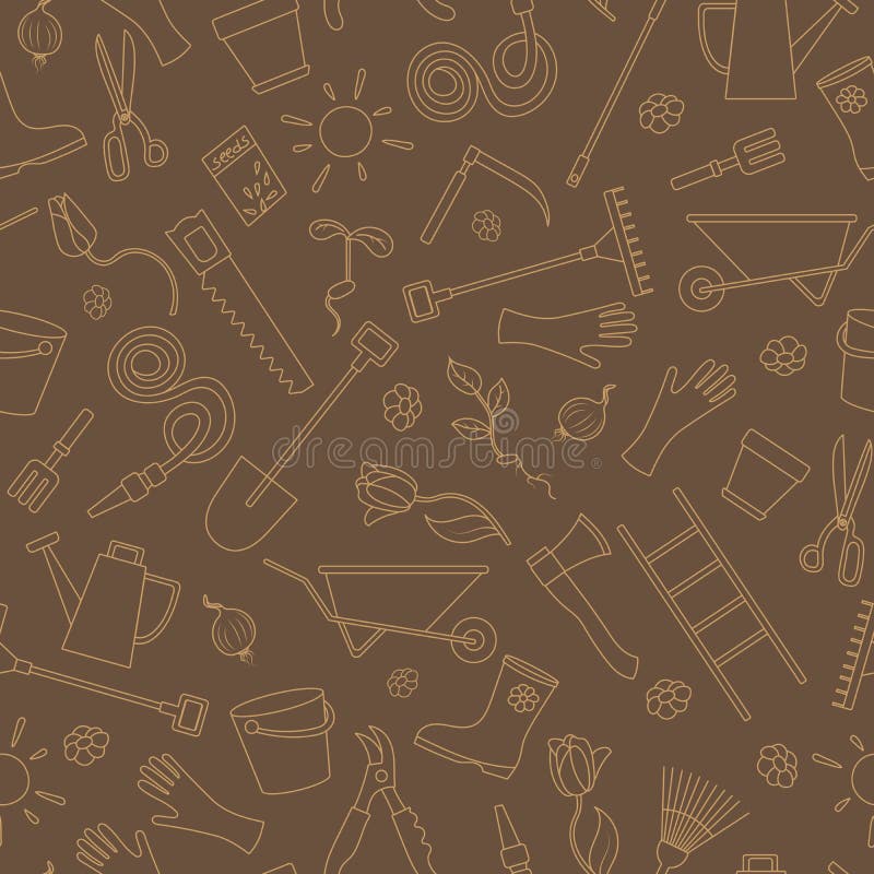 Seamless illustration on the theme of the garden , planting and growing harvest, a simple contour icons , beige contour on brown. Seamless pattern on the theme royalty free illustration