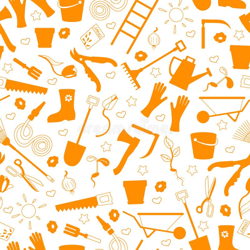 Seamless illustration on the theme of the garden , planting and growing harvest, a simple contour icons , orange silhouettes icons. Seamless pattern on the theme vector illustration