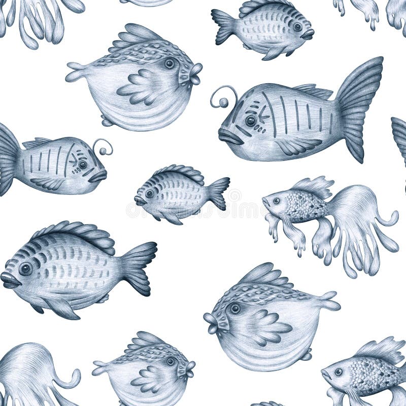 Seamless marine pattern. Blue fishes drawn by a pencil on a white background. A set of magical fabulous fish. Cartoon children`s. Seamless marine pattern. Blue vector illustration