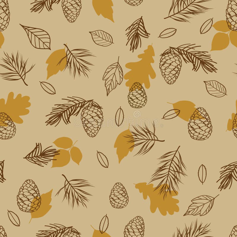 Seamless pattern from autumn leaves and cones. Background for fabric, cloth design, covers, manufacturing, wallpapers, print, gift. Wrap, scrapbooking. Vector stock illustration